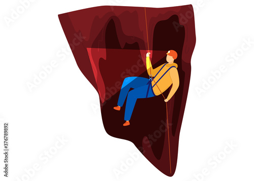 Green tourism, climber in cave, active recreation concept, outdoors, design cartoon style vector illustration, isolated on white. Summer travel, hiking, tourist on extreme travel, man climbs rope.