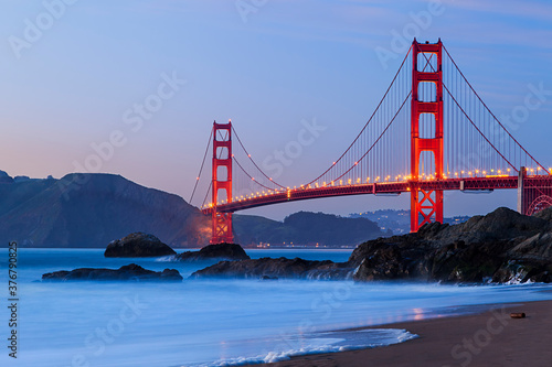 View of Baker Beach and Golden Gate Bridge in San Francisco