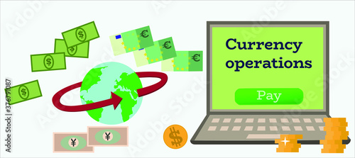 The circulation of banknotes along the world. Currency exchange, online payments, online paying, transaction. Vector illustration.