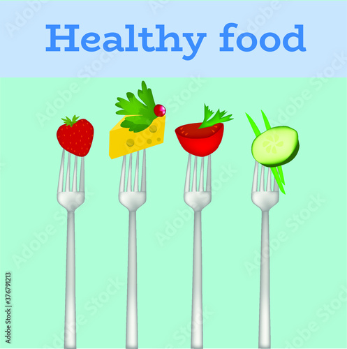 Healthy snacks on the forks. Healthy food conception. Vector illustration.
