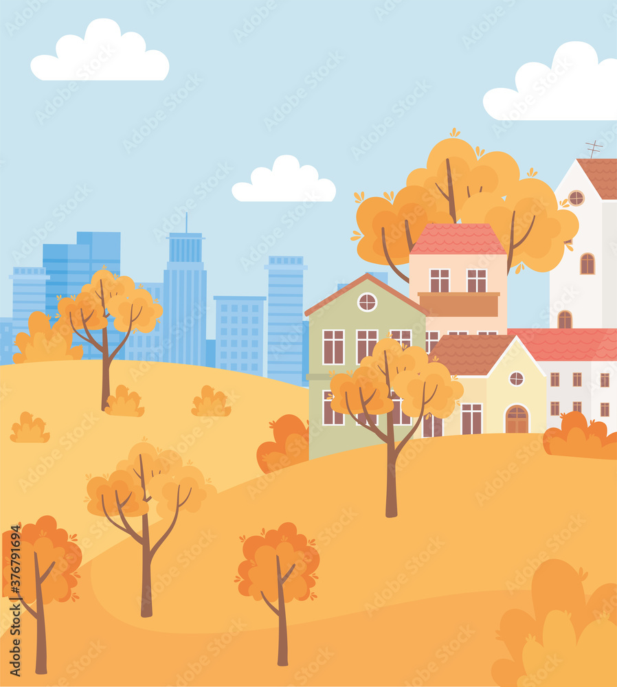 landscape in autumn nature scene, suburban houses in hill trees and urban building background