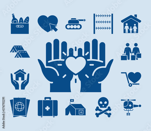 hands and humanitarian help icon set, silhouette style