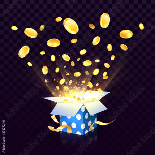 Isolated vector open textured gift box with coins explosion out on the transparent background. Big win of wealth design elements