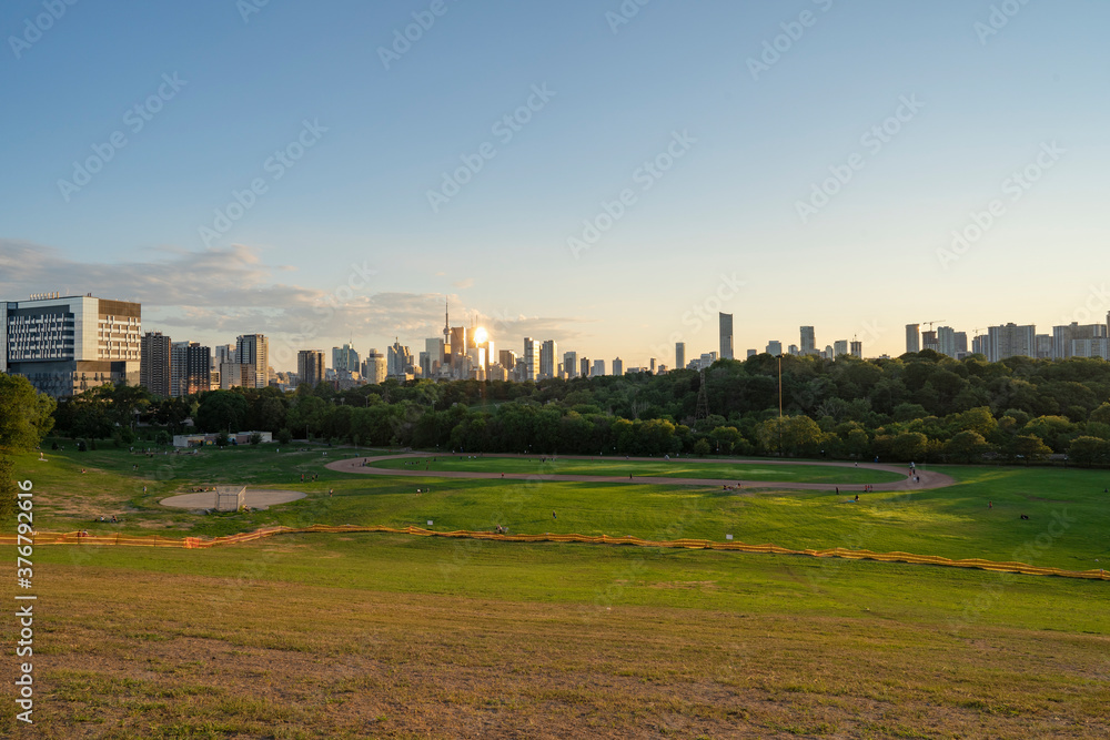 Toronto City Skyline from Riverdale Park in Ontario Canada