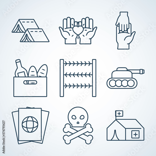 camping tents and refugee people icon set, line style