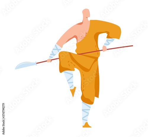 Martial art, attacking pose, traditional Japanese fighter, oriental sport, style cartoon vector illustration, isolated on white. Practice single combat, men in yellow kimon with sharp sword on pole. photo