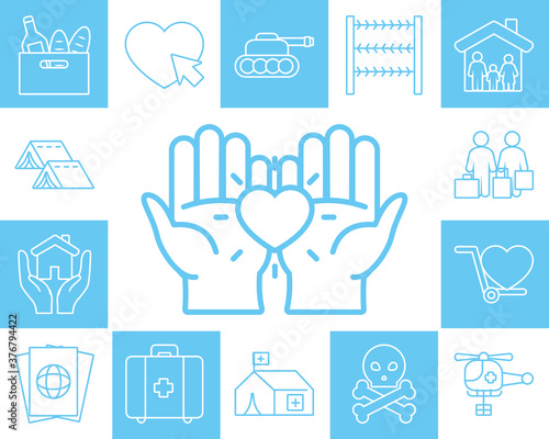 hands and humanitarian help icon set, line style