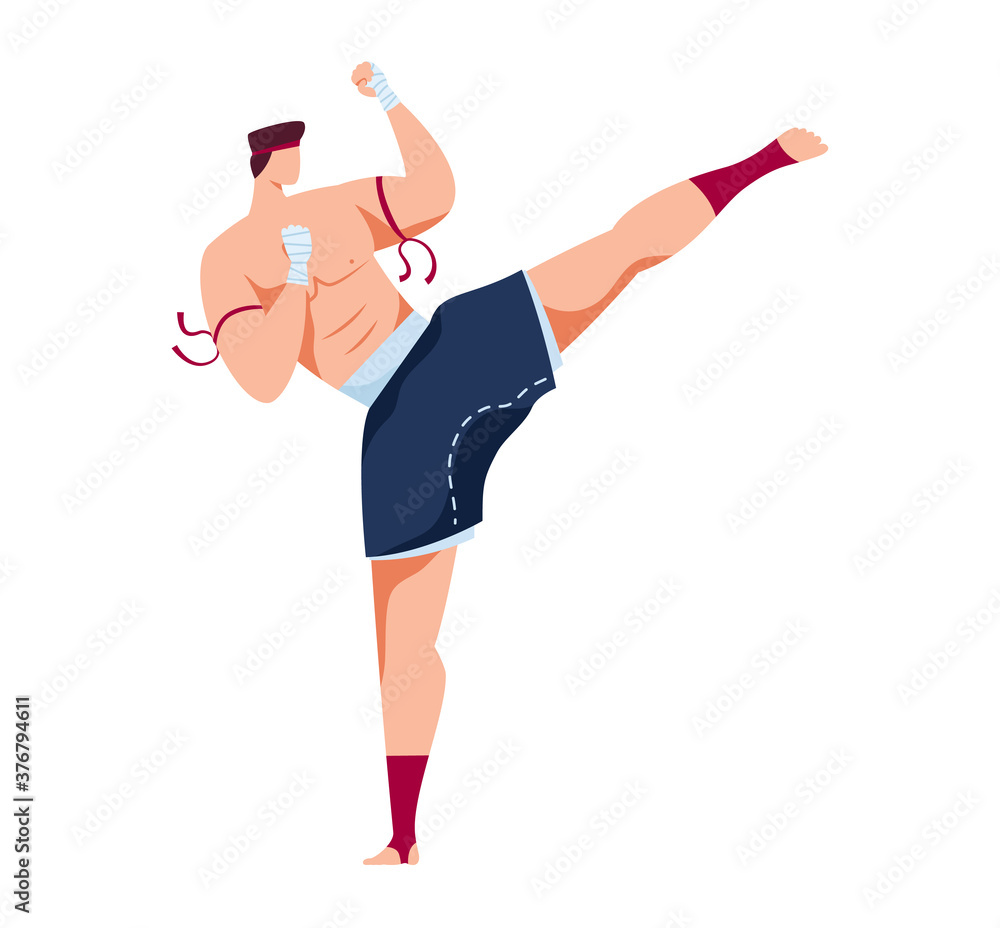 Martial art, karate training, attacking pose, traditional judo fighter, design cartoon vector illustration, isolated on white. Oriental aggressive sport, practice single combat, man practicing kicking Martial art, karate training, attacking pose, traditional judo fighter, design cartoon vector illustration, isolated on white. Oriental aggressive sport, practice single combat, man practicing kicking