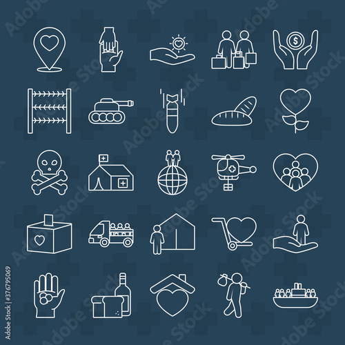 hearts and refugee people icon set, line style