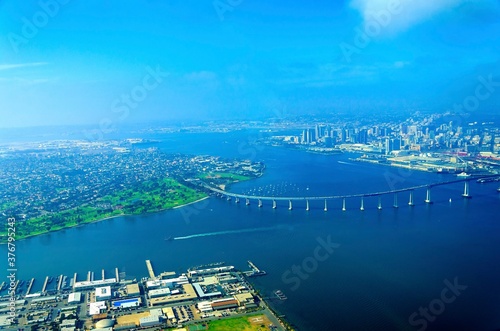 Aerial view of Coronado Island with bridge in San Diego Bay photo