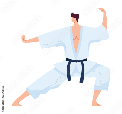 Martial art, japanese strong fighter in white kimono, kung fu sport training exercise, flat vector illustration, isolated on white. Man practices kicking, active judo lifestyle, training exercise,