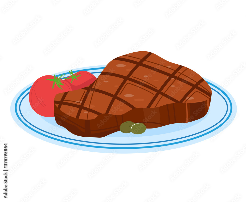 Meat pan, fresh food, cooking, breezy slice steak, fried background, isolated on white, design, flat style vector illustration. Dinner roasted mushrooms, grilled pork, parsley barbecue decoration. Meat pan, fresh food, cooking, breezy slice steak, fried background, isolated on white, design, flat style vector illustration. Dinner roasted mushrooms, grilled pork, parsley barbecue decoration.