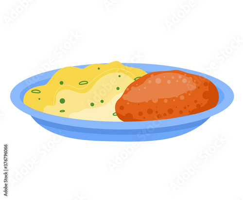 Mashed potatoes, meat cutlet, flesh dish menu, main meal, cuisine food isolated on white, design, flat style vector illustration. Delicious beanfeast, traditional classic dinner, tender boiled beef.