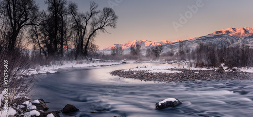 Scenic view of Provo River and Mount Timpanogos in winter