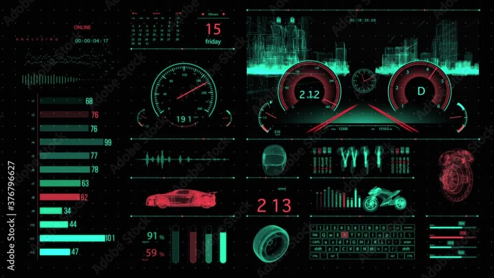 Futuristic 3D automotive HUD panel with vehicle gauges and component stats