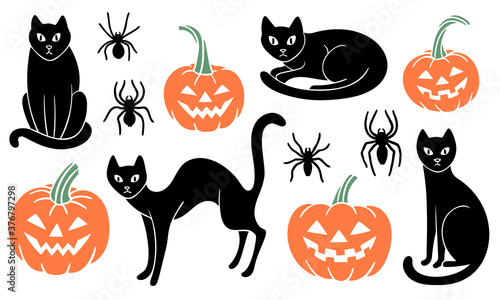 Set of Halloween clipart with black cats, carved pumpkins, and spiders