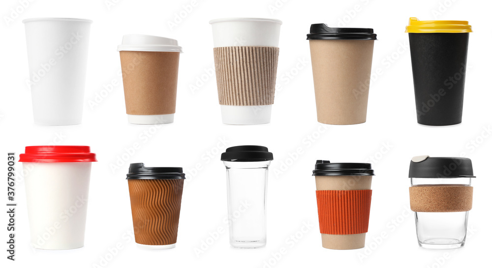 Set of different coffee cups on white background. Banner design Set of different coffee cups on white background. Banner design