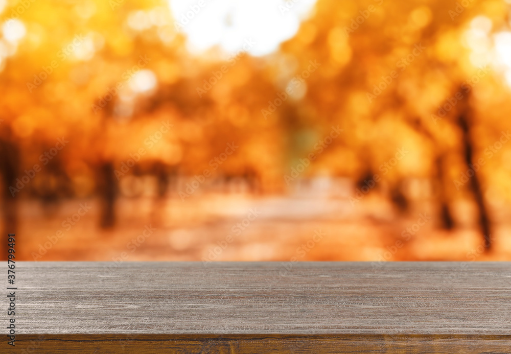 Empty wooden table in beautiful autumn park Empty wooden table in beautiful autumn park