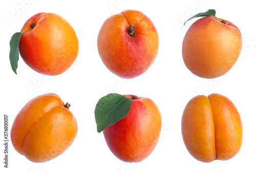 Set of fresh ripe apricots on white background