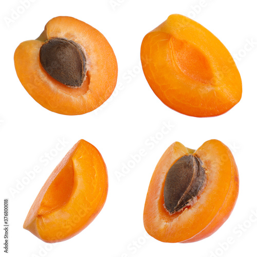 Set of cut fresh apricots on white background