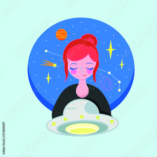 redhead girl spaceship Ufo Galaxy  stars travelling