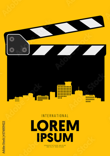 Movie and film poster design template background with clapperboard and city skyline