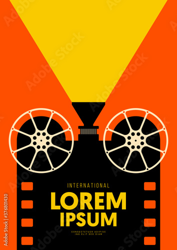 Movie and film poster design template background with vintage film camera and filmstrip