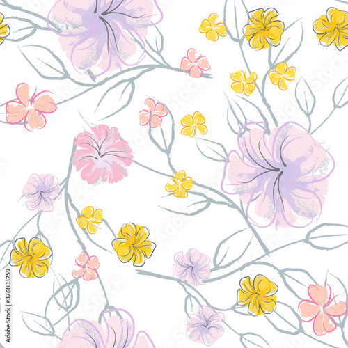Pink Flowers Blooming Pattern. Pastel Watercolor. © Сашка Шаргаева