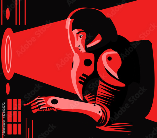 space astronaut in station with red warning light