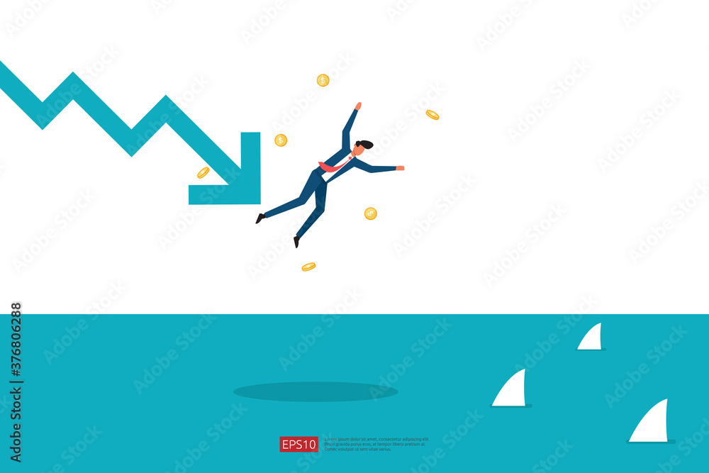 finance crisis concept with business man character. money fall down with arrow decrease symbol. economy business stretching global lost bankrupt. cost declining reduction or loss of income profit finance crisis concept with business man character. money fall down with arrow decrease symbol. economy business stretching global lost bankrupt. cost declining reduction or loss of income profit