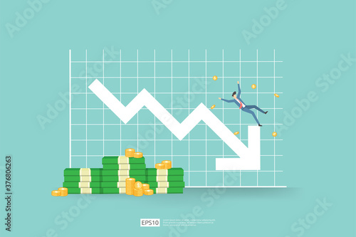 finance crisis concept with business man character. money fall down with arrow decrease symbol. economy business stretching global lost bankrupt. cost declining reduction or loss of income profit