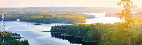 Canvas Print Clear blue Saimaa lake at sunset, Finland, aerial view