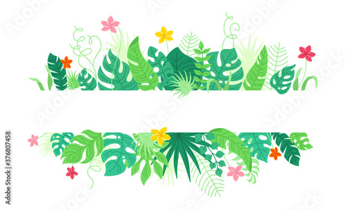 Background from tropical leaves and flowers, cartoon style. Trendy hawaiian abstract template banner. Tropic rainforest foliage border with monstera, banana leaves. Frame for text. Vector illustration