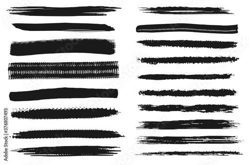 Art brush line. Paintbrush icon set isolated on white background. Hand-drawn grungy texture collection. Vector paint brush stroke, charcoal smear, black ink line or rough acrilic abstract illustration