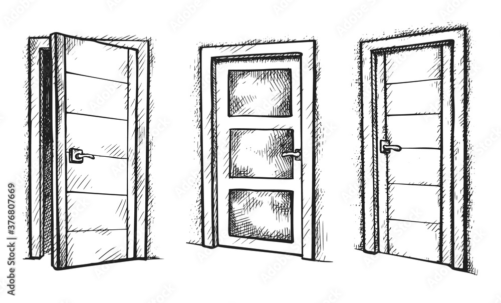 Stockvector Door sketch. Hand drawn room door opened and closed sketch