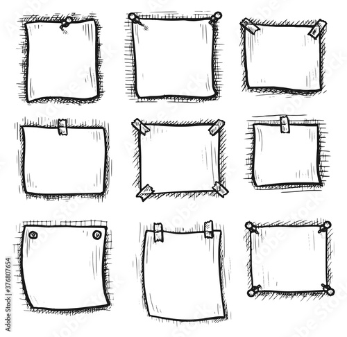 Paper note sketch. Hand drawn sticky paper note sheet for message hanged on wall with scotch tape, pushpin or paperclip icon set. Doodle style illustration. Vector memo blank sketch collection