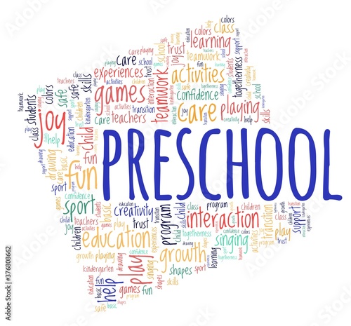 Preschool vector illustration word cloud isolated on a white background.