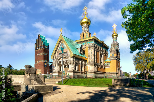 Darmstadt, Mathildenhöhe. Russian Chapel with sculpture on beautiful sunny day in summer photo