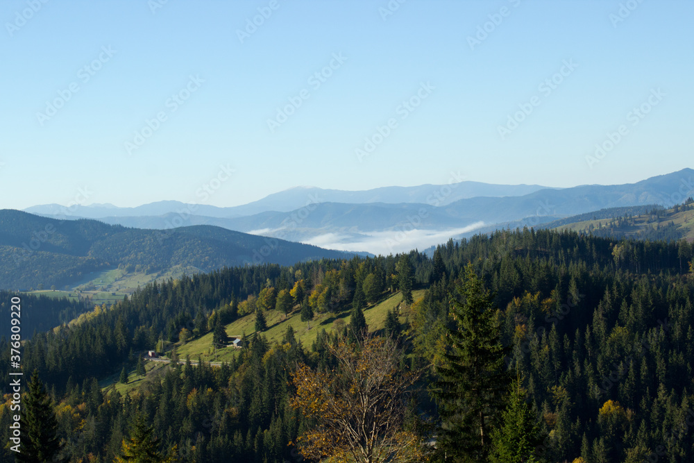 Beautiful morning landscape on the way to Transfagarasan road with forest in Romania, Carpathian mountains in autumn,aerial view from the top on valley,image for calendar,poster,cover design,postcard