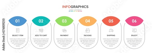 Concept of shopping process with 6 successive steps. Six colorful graphic elements. Timeline design for brochure, presentation, web site. Infographic design layout.
