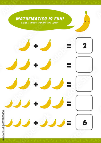 preschool addition mathematics learn worksheet activity template with cute banana illustration for child kids