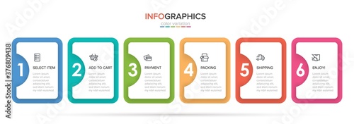 Concept of shopping process with 6 successive steps. Six colorful graphic elements. Timeline design for brochure, presentation, web site. Infographic design layout.