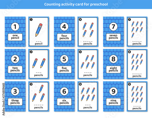 preschool counting activity card with cute pencil illustration set for kid children learning education