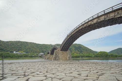 Kintai-kyo Bridge in a wooden arch bridge in Iwakuni, Yamaguchi, Japan. Japanese historical structures.