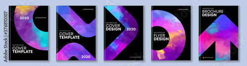 Watercolor booklet brochure colourful abstract cover template bundle set with black background