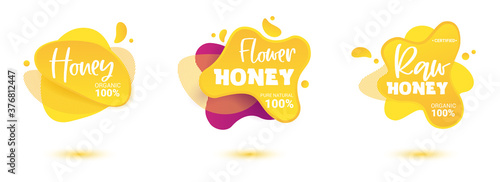 Set of bright honey vector label. Bright and shine stickers, labels, tags and banners for honey product. For badges and tags of fresh market, farmers market, eco shop, green bar, beekeeper.