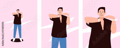 Guy dancing king-tut, vector illustration. A kind of upper breakdance. Robotic arm movements. Happy face in the dance.
