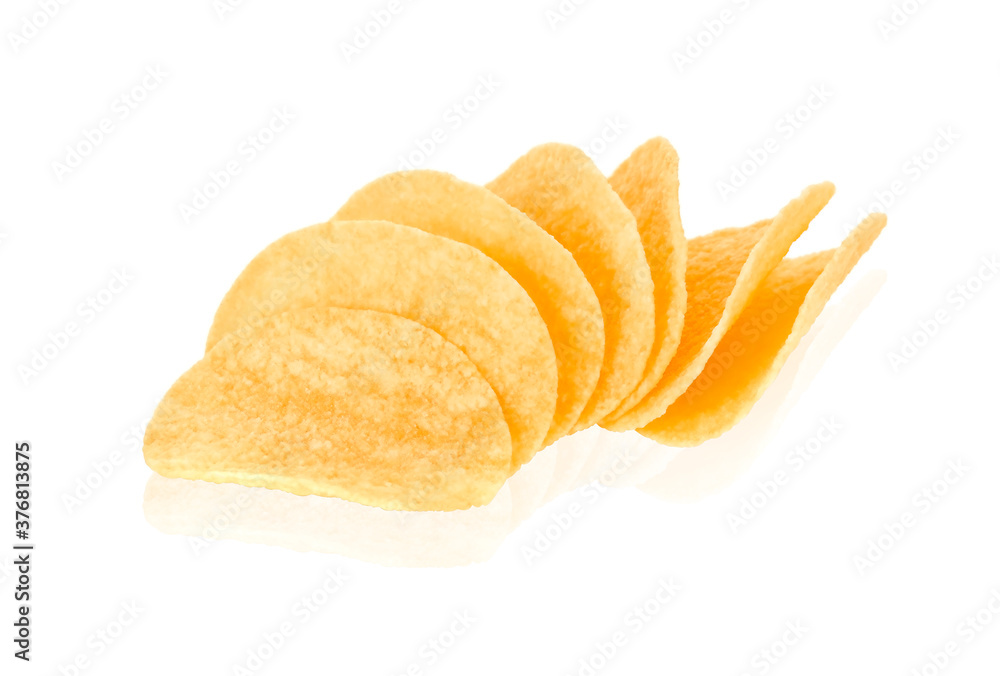 Flying potato chips, isolated on white background Flying potato chips, isolated on white background