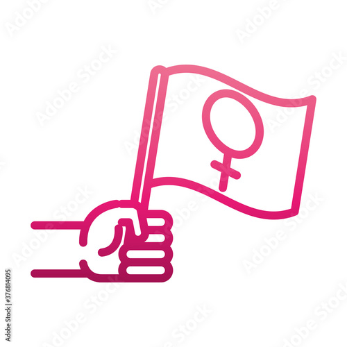 feminism movement icon, hand holding flag with gender sign, female rights gradient style
