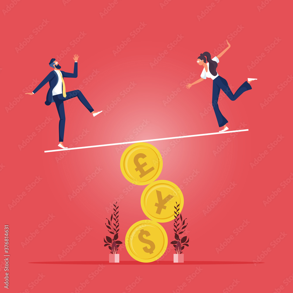 Money balance concept-Business people balancing not to fail from seesaw on golden coin, stability or balance of economics and investment or risk for losing job 